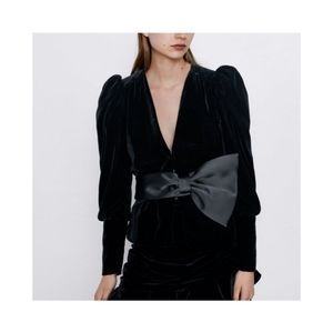 Zara black velvet blazer with bow belt